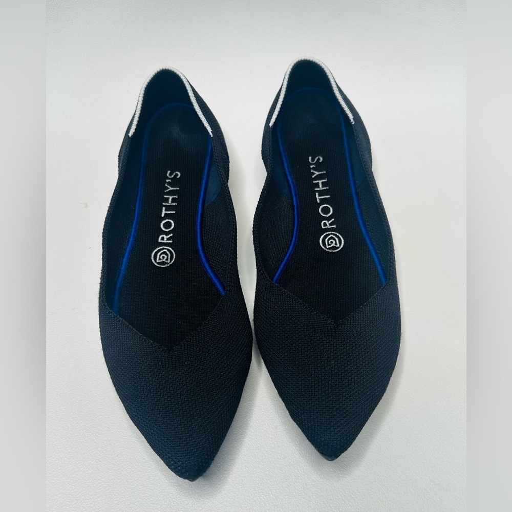 Rothy's Black Pointed Knit Flats with Blue Interior Trim